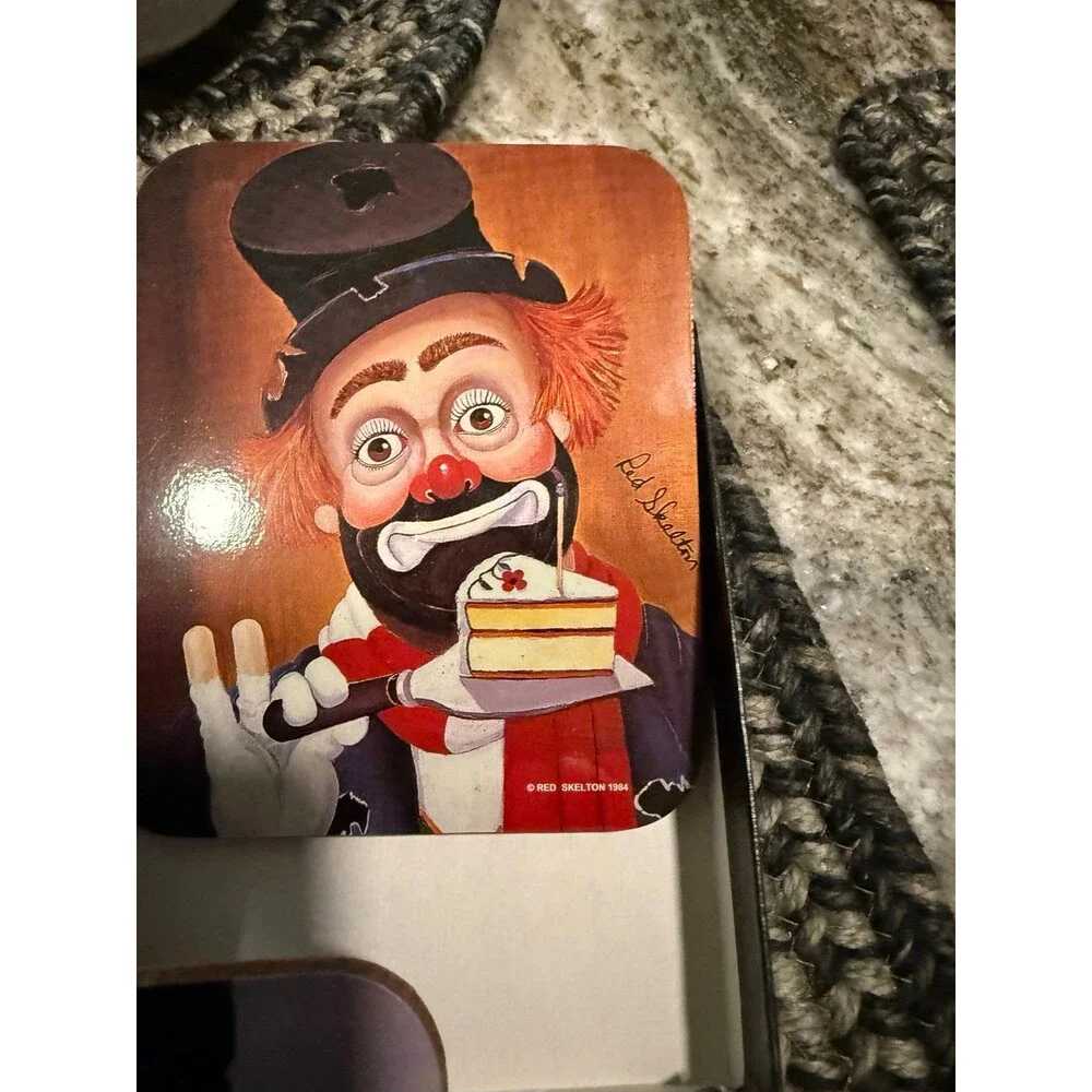 Vintage Coasters RED SKELETON Freddies Birthday Clowns RARE 4pc Cork Back
